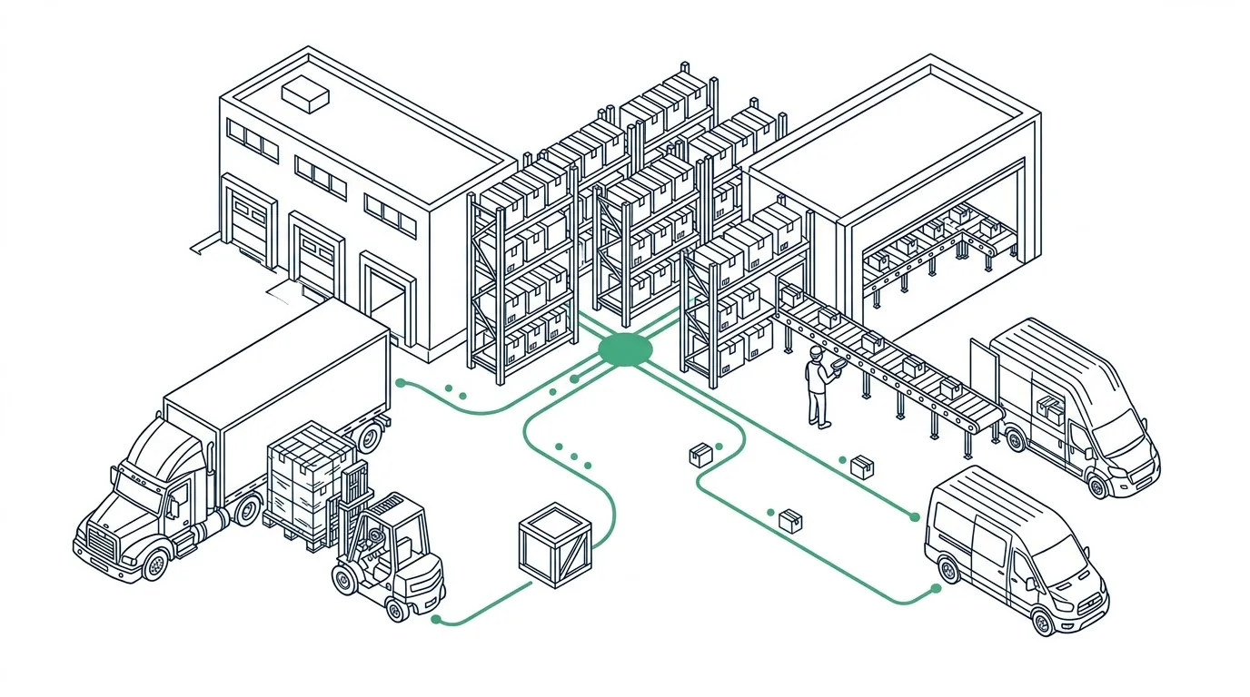 Isometric line sketch: a forklift loads pallets into a freight truck while a conveyor feeds parcels into a delivery van, both flows connected by a green route through one hub