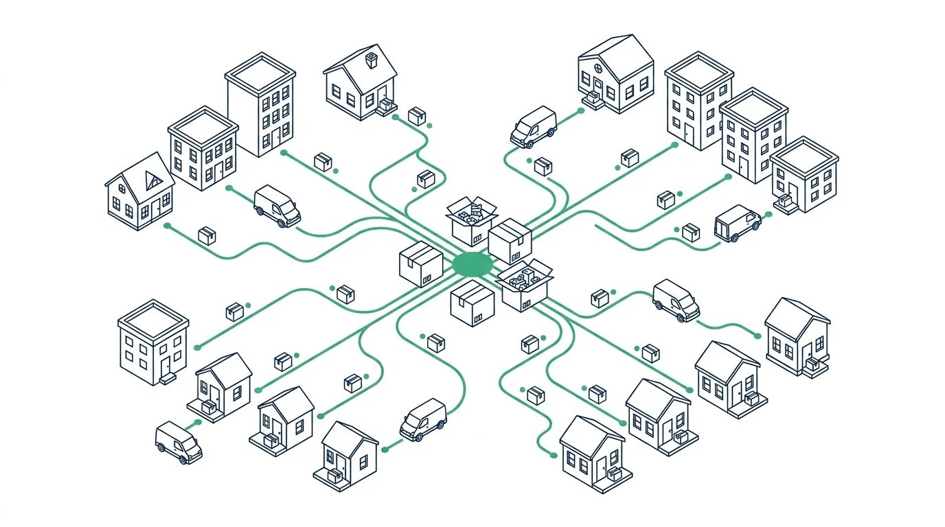 Isometric line sketch: a single order hub with green routes fanning out to homes, buildings and delivery vans across a region