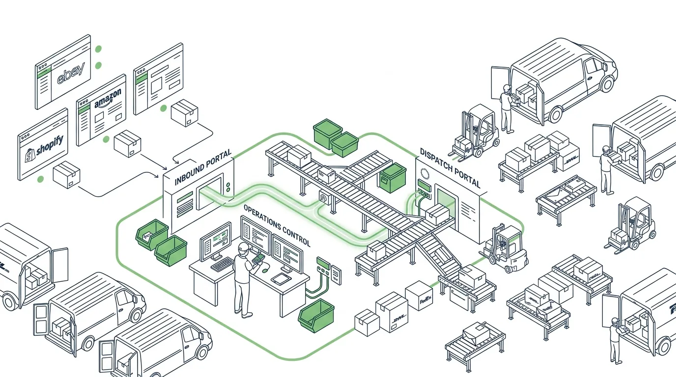 Isometric line sketch of ecommerce order operations: parcels flowing from several sales-channel screens through a central control desk and out to delivery vans, with the active order route highlighted.