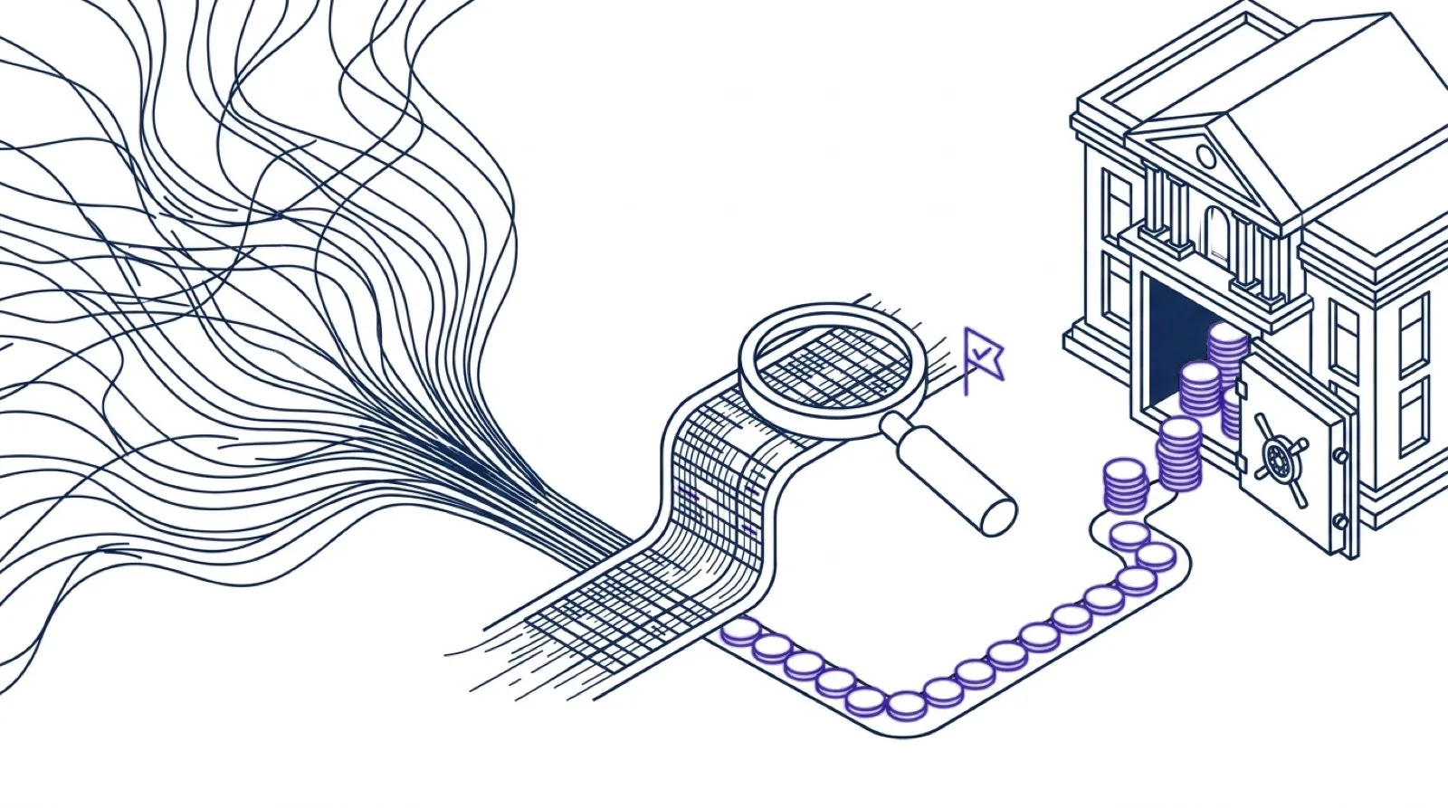 Isometric line sketch of payout and settlement reconciliation: marketplace payment streams converge into a magnifier, one flagged discrepancy is caught, and recovered funds flow onward into a bank.