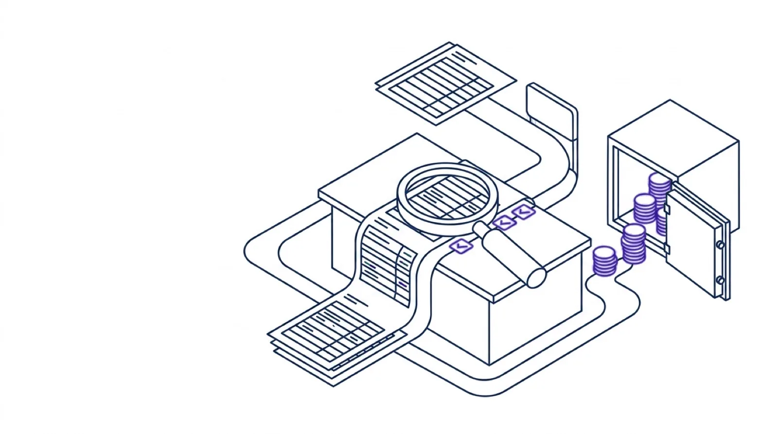 Marketplace payment reconciliation illustrated as an isometric line sketch: payout statements flow into a magnifier that inspects each row, matched rows are ticked in violet, and recovered coins stack into a bank vault.