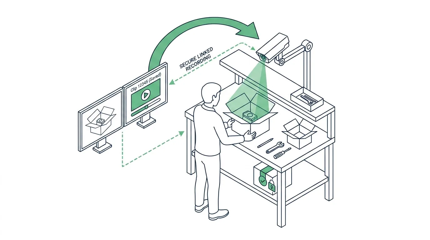 Isometric line sketch: a camera records an opened parcel at an inspection desk while a monitor shows the saved, order-linked clip in secure storage