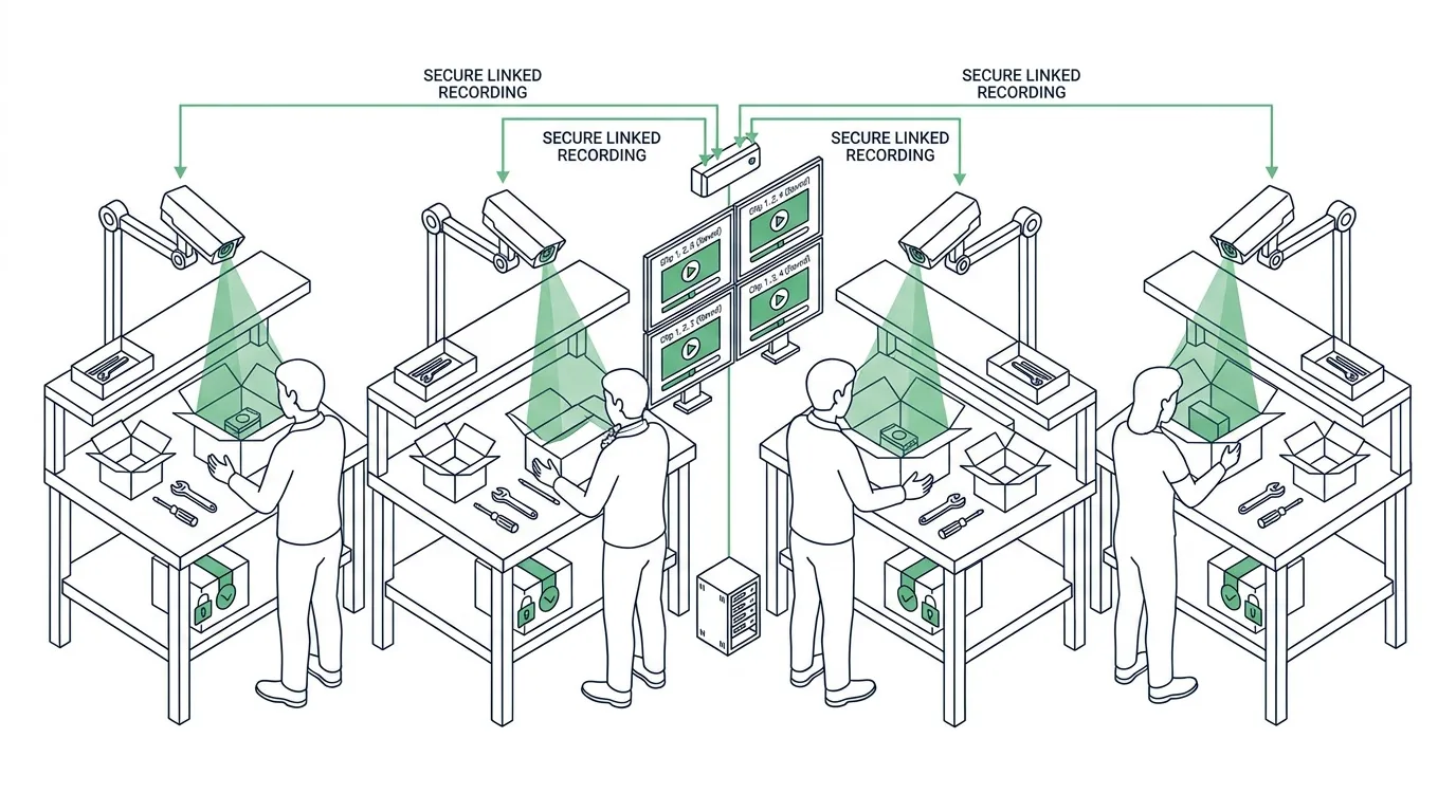 Isometric line sketch: a row of packing stations, each with a ceiling camera casting a green view-cone, all feeding tagged clips to one central monitor