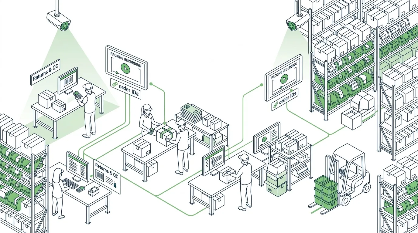 Isometric line sketch of an ecommerce packing station: a mounted camera records a parcel being packed while an operator scans the tracking label, and the order is verified on a screen, showing order-linked video proof.