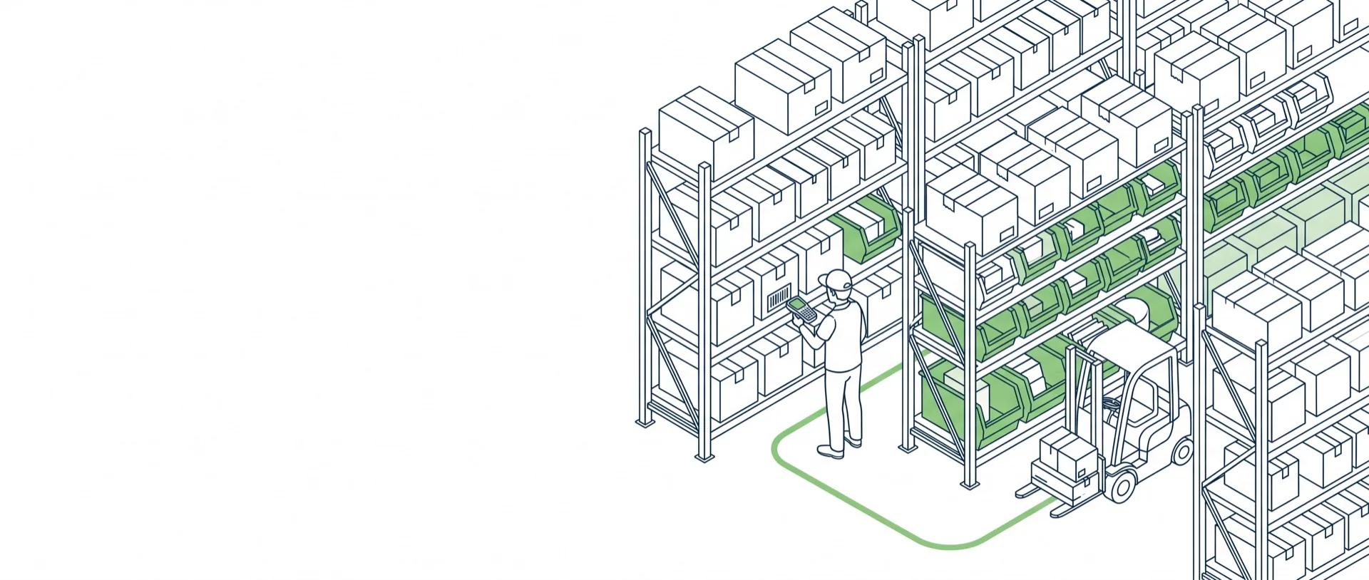 Isometric line illustration of an EasyEcom-run warehouse: racking with green active bins, a worker scanning with a handheld and a forklift on the pick path